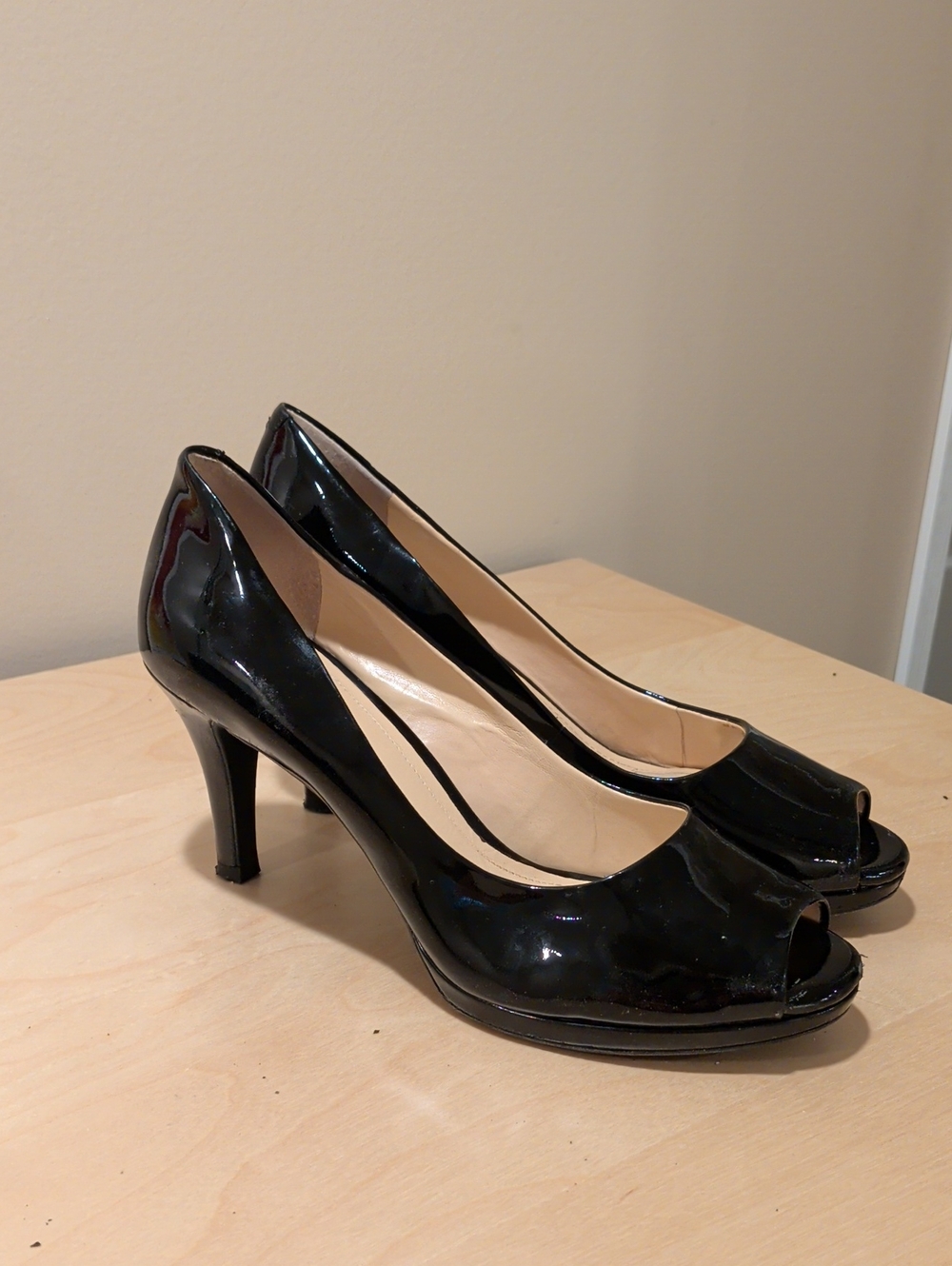 Alex Marie Black Patent Peep-Toe Heels